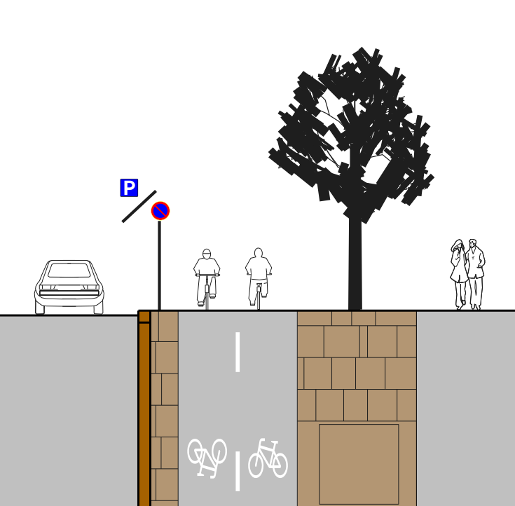 Havainnekuva, jossa pyörätien ja jalkakäytävän välissä on puu.