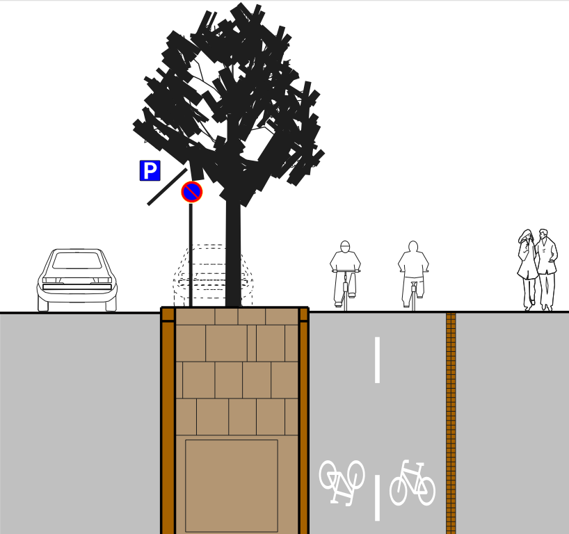 Havainnekuvassa näkyy muita väyliä korkeammalla tasolla oleva erottelualue, jossa on puu ja pysäköity auto.